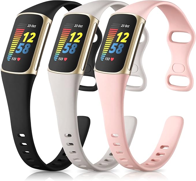 Maledan Slim Band Compatible with Fitbit Charge 5 Bands/Charge 6 Bands Women Men, Soft Silicone Adjustable Sport Band Wristbands for Fitbit Charge 5/Charge 6 Fitness Tracker, 3 Pack Black/Gray/Pink