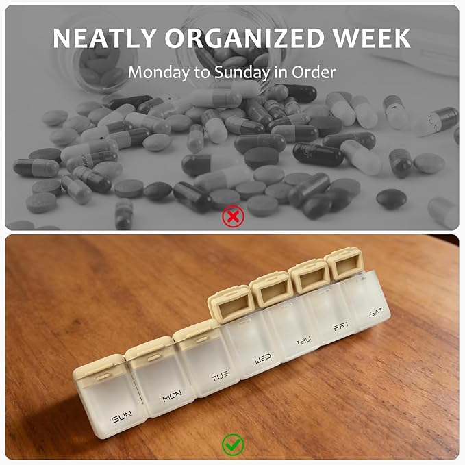 Fridge Magnetic Weekly Pill Organizer, Easy Open Daily Reminder Waterproof Pill Box for Vitamins, Travel & Daily Use (Brown)