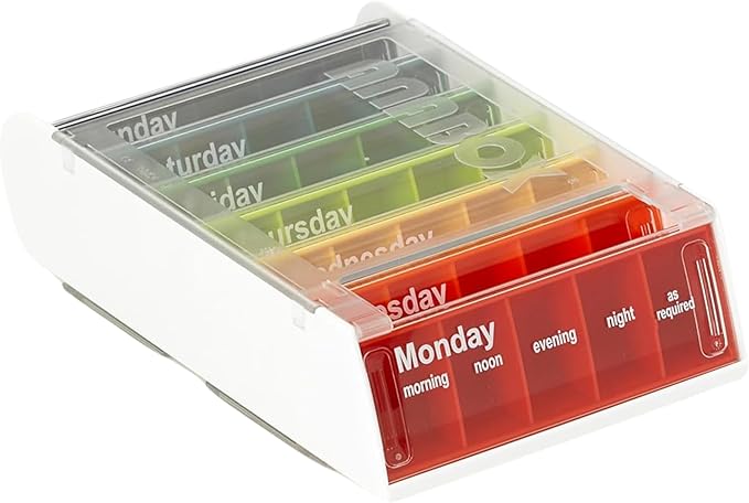 Weekly Pill Organiser – 7 Day Box with 5 Daily Compartments – Detachable, Portable Tablet Pots for Medication, Vitamins and Supplements with Sliding Lids