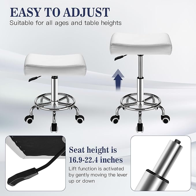 Square Salon Rolling Stool - 300lbs Weight Capacity，Adjustable Swivel Stool with Wheel，Pu Leahter Comfortable Cutting Stools for Salon Tattoo Stylist Massage Perfect for Work SPA (Premium White)