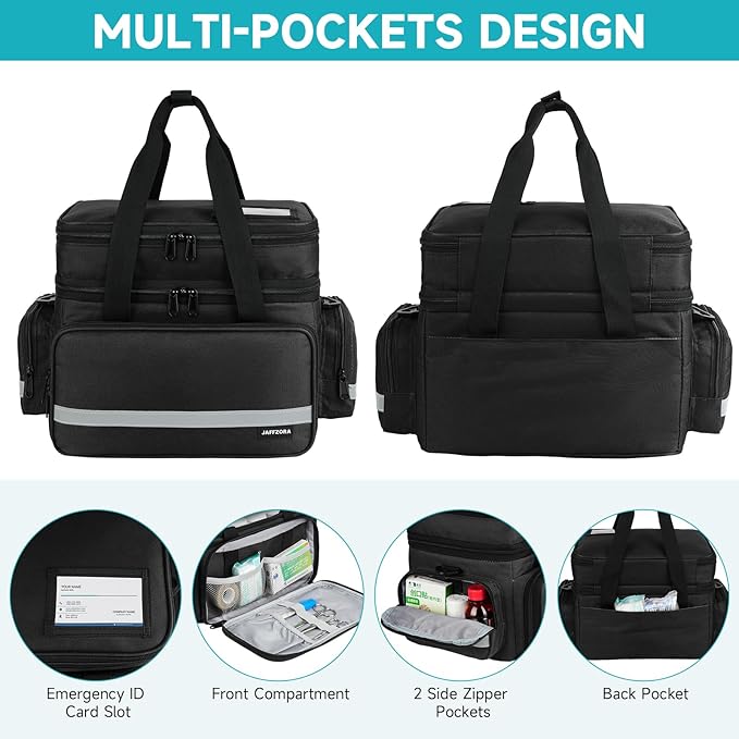 Large Pill Bottle Organizer, Double Layers Medicine Storage Bag with Lockable Zippers and Shoulder Strap,Medication Travel Bag for Prescription Bottles, Vitamins & Medical Supplies, Black (Bag Only)
