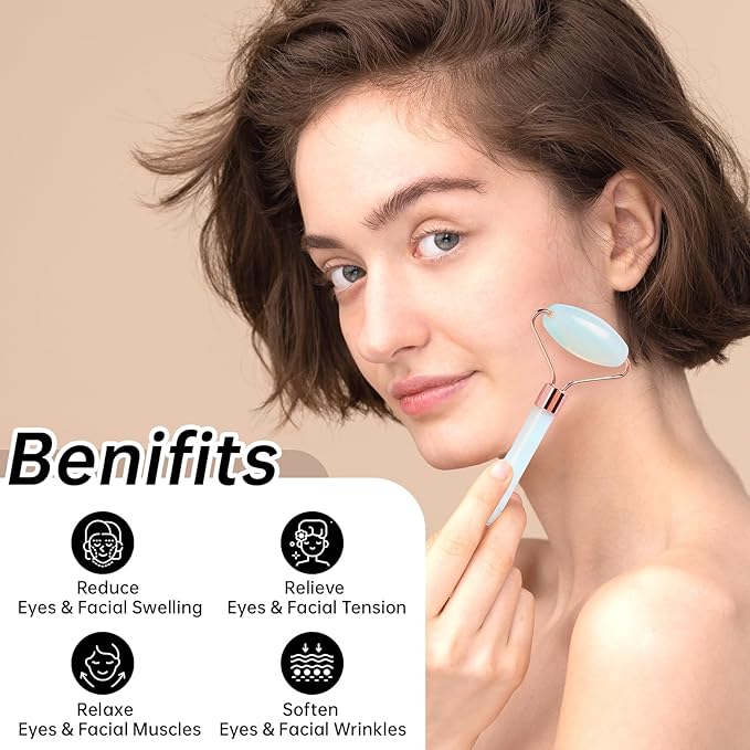Opal Gua Sha and Face Roller, Real Jade Gua-Sha Stone Facial Tools Set for Reduce Puffiness, Body Guasha Tool for Relieve Neck Tension, SinkCare Beauty Massager as Present for Women,Opal