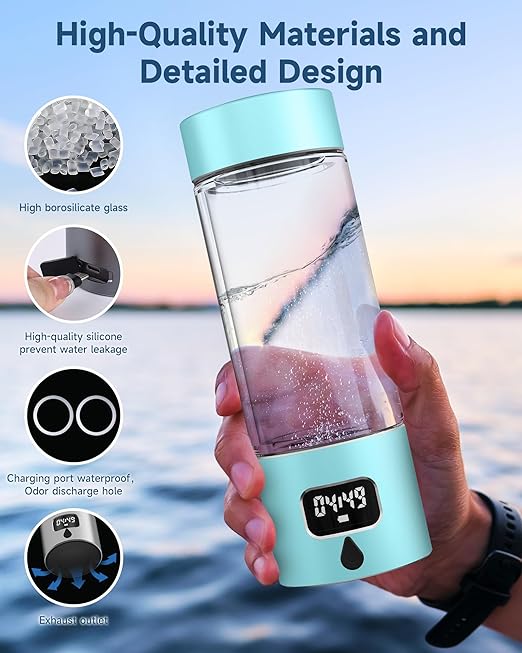 Hydrogen Water Bottle - Portable Rechargeable Water Bottle with LED Timer, Aluminum and Glass, 5000 PPB Hydrogen Production, Gift for Husband Wife Father Friend Client (CyanBlue, 11.6Oz)