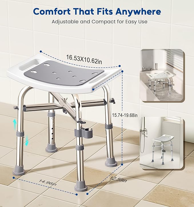 Shower Chair for Inside Shower, FSA/HSA Eligible 350lbs Heavy-Duty Bath Stool with Reinforced Crossbar, Padded Tub Seat, Adjustable Height for Elderly Disabled, Tool-Free Assembly, Rectangular