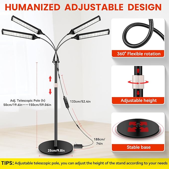 Viconor Red Light Therapy Lamp,4 Head Infrared Light Therapy for Body Device with Adjustable Stand-660nm Red Light＆850nm Near Infrared Light Therapy Device for Face,Body,Pain,Skin at Home