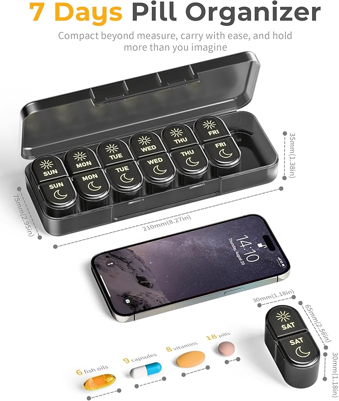 Weekly Pill Organizer 2 Times a Day, AM PM Pill Organizer 7 Day, Large Pill Box 7 Day, Travel Pill Case Daily, Black Privacy Protection Medicine Container for Medication, Vitamins, Supplements