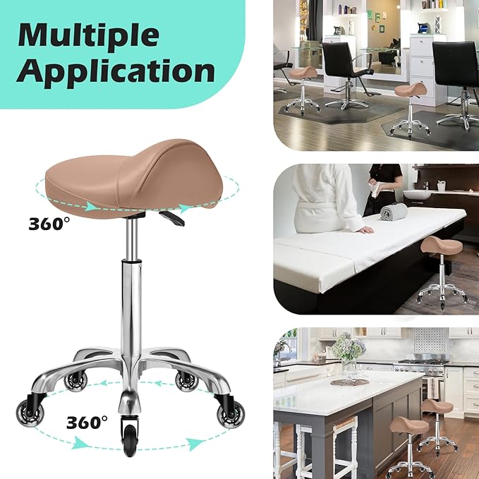 Saddle Stool with wheels Ergonomic - Heavy Duty 400lbs, Upgraded Thick Saddle Cushion, Healthy Posture Correction, Swivel Adjustable Rolling Saddle Stool, Saddle Chair for Salon Massage Home (Brown)