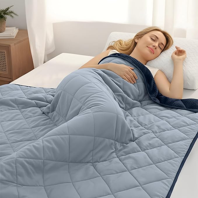 ZonLi 15lbs Weighted Blanket for Adults Sleeping, Double-Sided All Season Reversible 75D Cooling Mesh & Warm Ribbed Microfiber, 48"x72" Navy Blue Contrast Color, Machine Washable