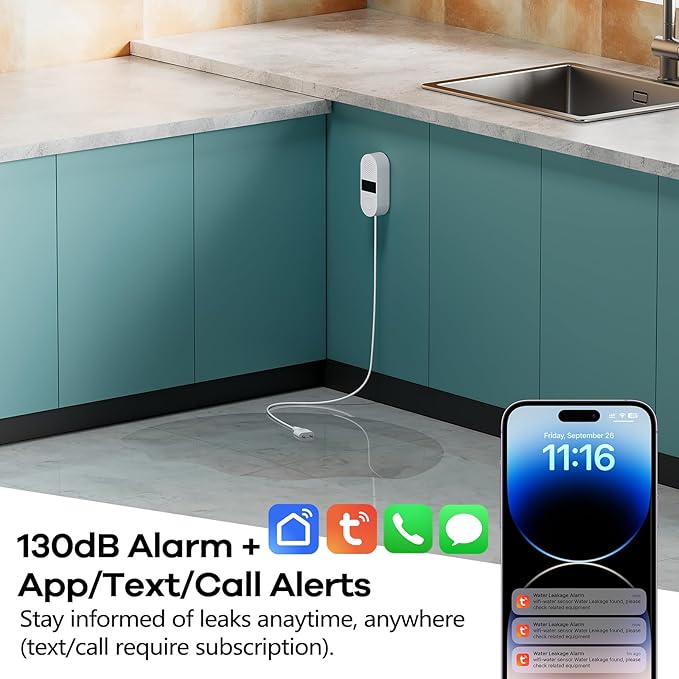 2-Pack WiFi Water Leak Detector, Battery Powered Water Sensor Alarm with 130dB Siren & 3.2FT Extended Cable Probe, App Alerts, No Hub Required for Home Basement Kitchen Bathroom