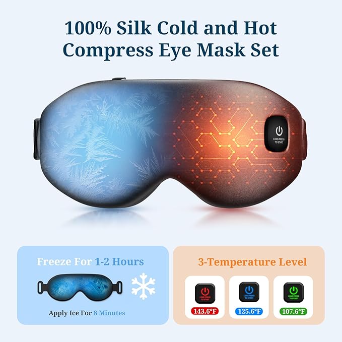 100% Silk Wireless Heated Eye Mask with Cooling - 3 Heat Settings, for Dry Eyes, Puffiness & Dark Circles - Adjustable, Washable, Travel-Friendly (Black)