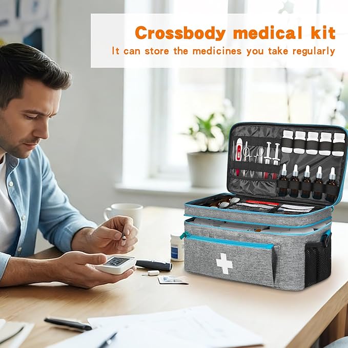 Boczif First Aid Kit, First Aid Storage Carry Bag, Pill Bottle Organizer for Emergency Trauma Medical Kits Supplies Waterproof, Ideal for Home, Travel, Outdoor, Camping (Grey with shoulder strap)