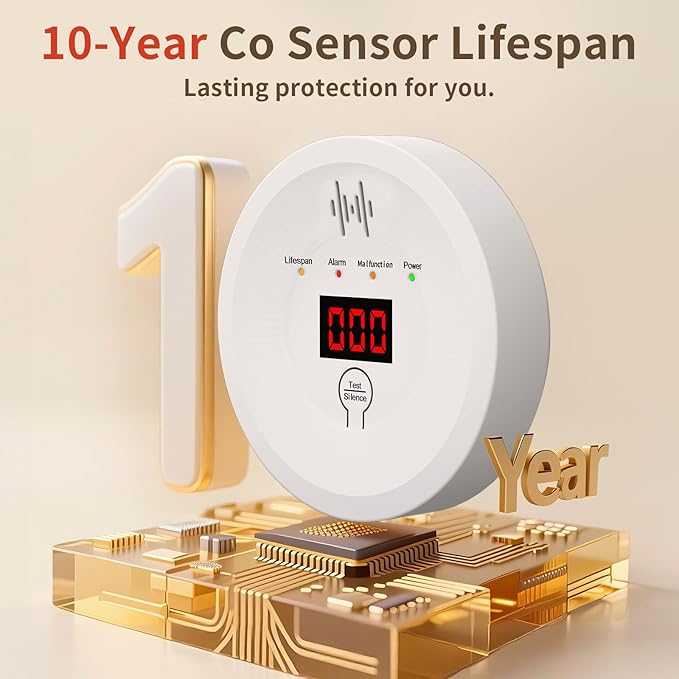 CarCarbon Monoxide Detectors 90dB Alarm, CO Detector Battery Powered(Not Include), 10-Year Lifespan Carbon Monoxide Alarm with LCD Display for Travel, Home, Kitchen, JA-997, 4 Packs