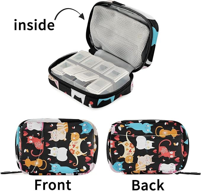 xigua Cat Pill Case 7-Day Travel Pill Organizer Box with Zipper Closure for Vitamins, Medication and Supplements