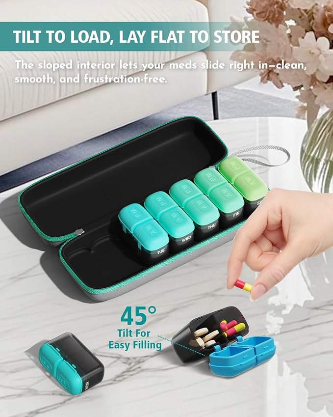 Weekly Pill Organizer, 7 Day Travel Medicine Pill case with Moisture-Proof Silicone Lid, Large AM PM Daily Pill Organizer 2 Times a Day for Vitamins & Supplements, Secure Zipper Pill Box(Green)