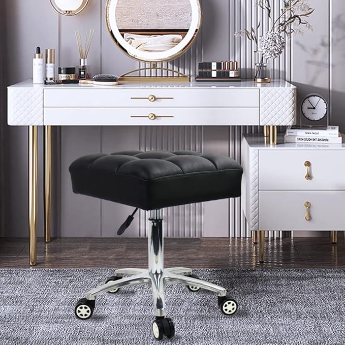 Rolling Stools Square Seat Thick PU Leather 360° Swivel Stool with Wheels Hydraulic Lift Height Adjustable Stool Chair for Home Kitchen Drafting Lab Office Salon Massage Stool（Black）