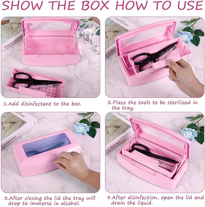Gusnilo Sanitizing Tray - Disinfectant Container Nail Tool Sterilizer Box Plastic Sanitizing Box for Nail Tools, Hair Salon,Spa (Clear Lid, Pink)