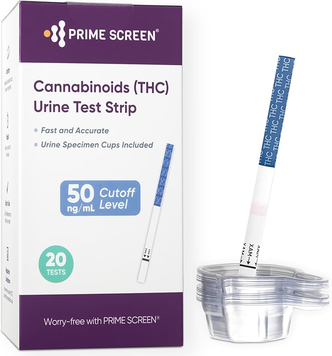 PRIME SCREEN® Cannabinoids (THC) Urine Test Strip 20 Pack with Cups Included, Highly Accurate and Sentitive at Home Marijuana Drug Test Kit