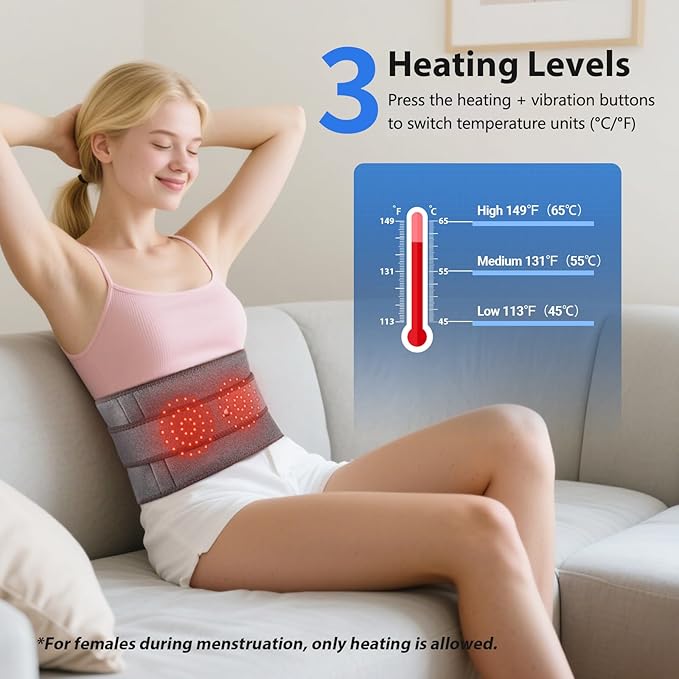 Lower Back Massager with Heat, Heating Pad for Back, Stomach Heating Pad, Waist Belt Wrap with Heat Vibration 3 Levels Adjustable, Touchscreen Control, Adjustable Size, Gifts for Parents (Grey)