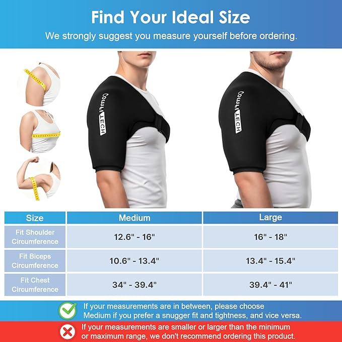 Comfitech Shoulder Ice Pack Wrap Sleeve for Better Putting On & Off, Reusable Gel Cold Pad for Arm, Medium, Black