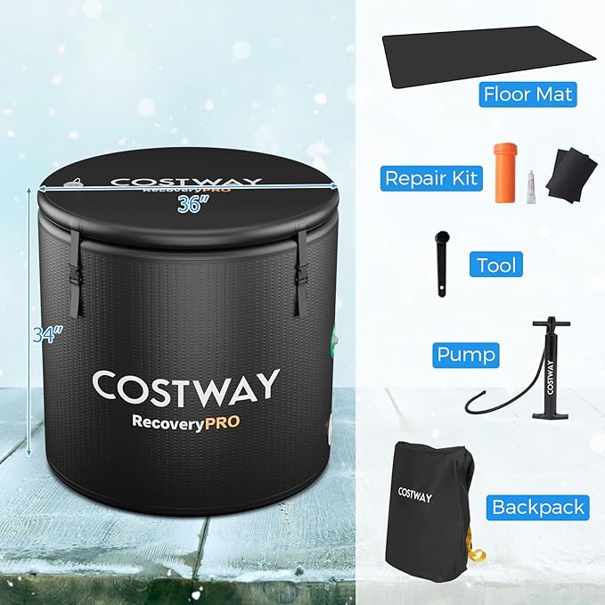 COSTWAY L 79 Gal Oval Ice Bath Tub with Cover, Portable Outdoor Inflatable Cold Plunge Tub with Backpack, Pump, for Cold Therapy, Compatible with Water Chillers, Black