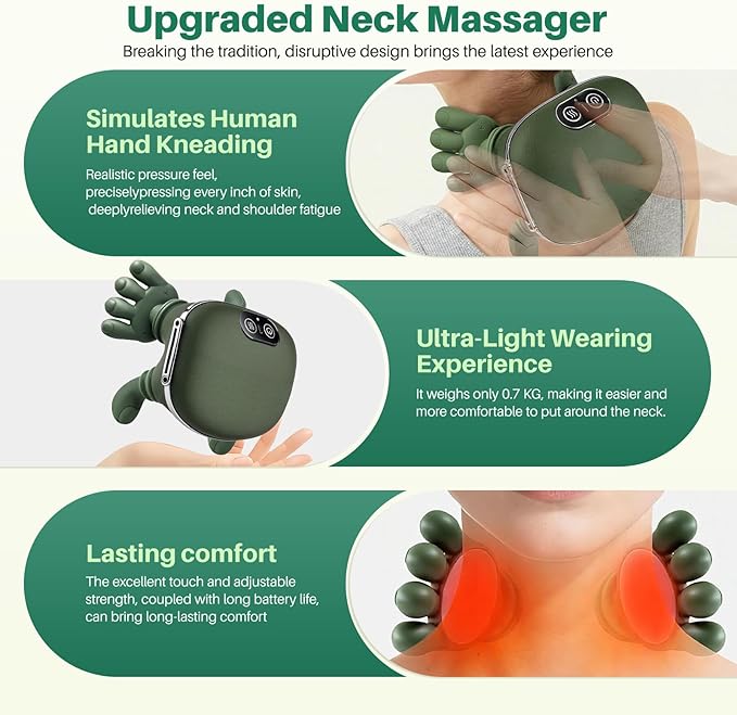 Neck and Shoulder Massager - Bionic Heated Massager, Cordless Portable Electric Shiatsu Massager, Deep Tissue 4D Kneading Massage, Simulated Human fingers Design for Pain Relief and Muscle Relax