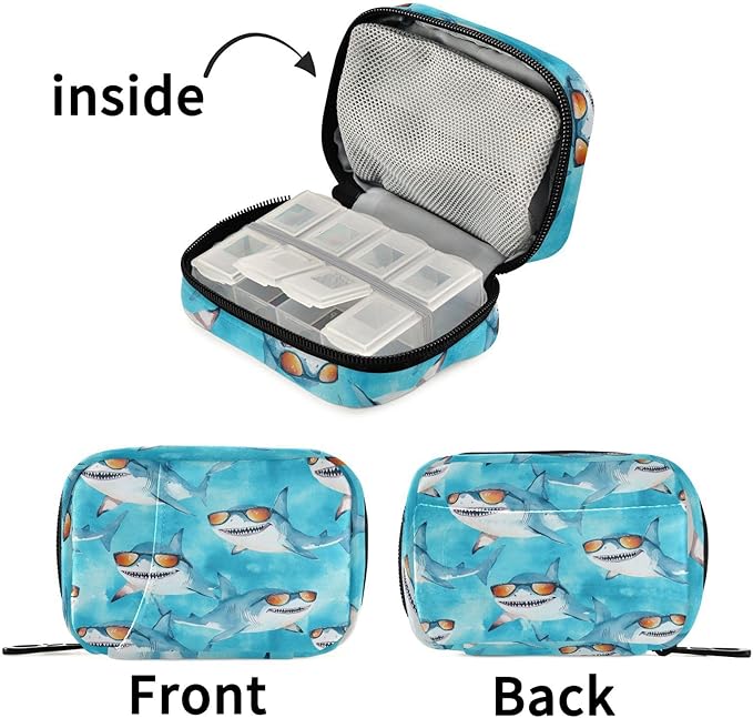 Fustylead Cute Sharks with Orange Glasses Travel Pill Organizer Case Zipper for Purse with Removable Weekly Pill Box for Medicine, Vitamin, Supplement Medicine Organizer