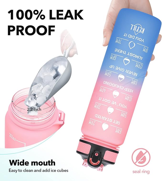 1 litre Motivational Fitness Sport Water Bottle with Straw & Time Maker, Leak-proof, BPA-free, Tritan, Toxin Free Plastic Drink Bottle Design for Girls, Boy, Cycling, School & Office