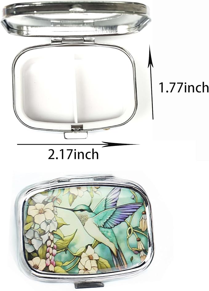 WATASSA Pill Box with Animal Style Mirror All-in-One 2-Compartment Portable Medicine Organizer, Marble Pattern Travel Pill Case for Vitamins&Daily Medication(Fits Pocket/Purse) (Emerald Bird)