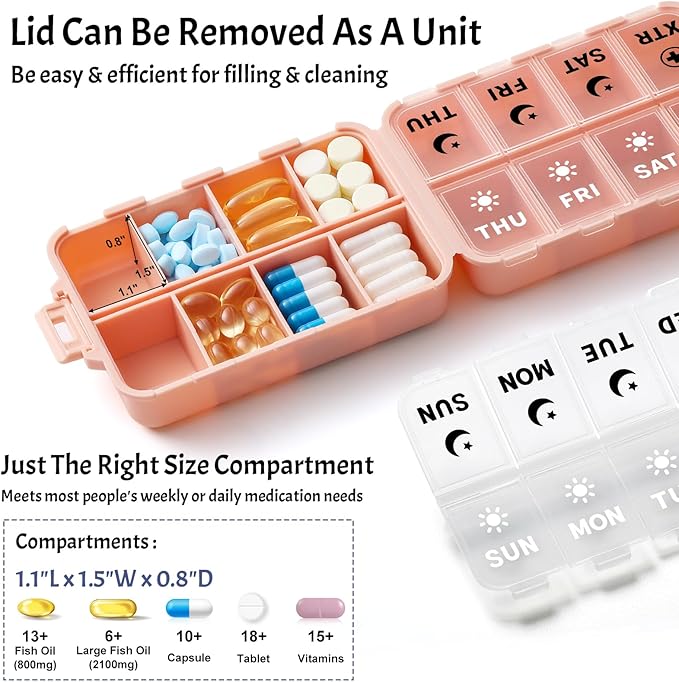 Foldable Weekly Pill Organizer 2 Times a Day with 2 Extra Compartments (Clear Printed Labels) - Portable 7 Day AM PM Medicine Box, Week Daily Travel Pill Case Holder for Vitamin, Supplement - Pink