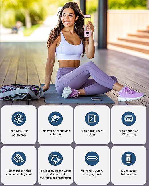 Hydrogen Water Bottle - Portable Rechargeable Water Bottle with LED Timer, Aluminum and Glass, 5000 PPB Hydrogen Production, Gift for Husband Wife Father Friend Client (Pink, 11.6Oz)