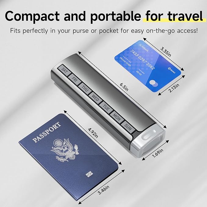 Travel Pill Organizer Weekly, 1 Time a Day ，Upgrade Premium Aluminum Alloy Daily Pill Box 7 Day, Portable Metal Pill Case, Cute Pill Holder to Hold Vitamins, Medicines, Pills, Supplements (Grey)