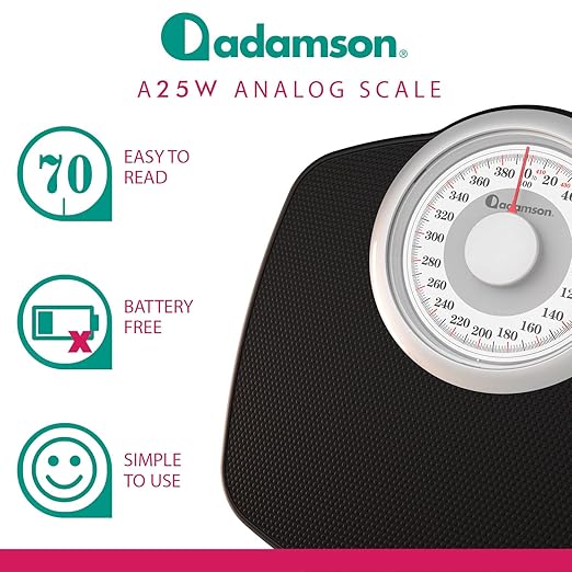 Adamson A25W Scales for Body Weight - Up to 400 LB - 5.3" Dial on 12.4" x 10.2" Platform - Anti-Skid Rubber Surface - High Precision Bathroom Scale Analog - Durable with 20-Year Assurance - White
