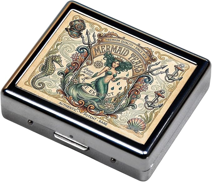 7 Days Chromed Shiny Silver Pill Organizer with Mirror Inside Has 8 Separate Compartments Rectangle Cute Travel Pill Organizer for Purse 7 Days (Retro Mermaid)