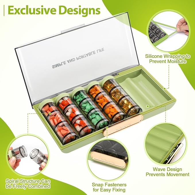 Toplive Pill Organizer, Medicine Pill Organizer, Travel Pill Box 7 Day, Pill Case, Large Weekly Pill Container Holder for Vitamin Cod Liver Oil, Green