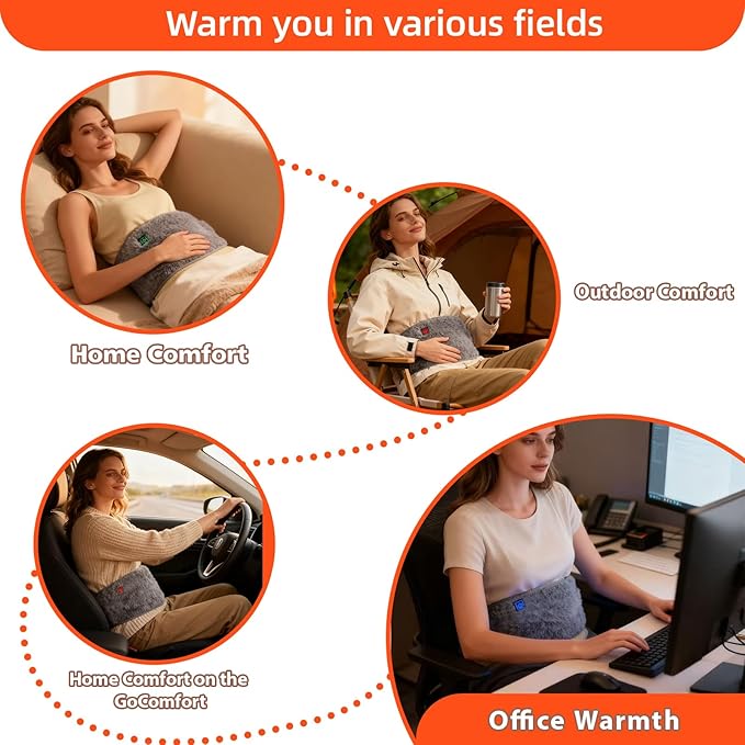 3-in-1 Heating Waist Belt: Heating Pad for Back Comfort & Warmth + Portable Hand Warmer, USB Powered (Power Bank Not Included), 3-Temp Adjustable Heat Wrap for Women, Gray