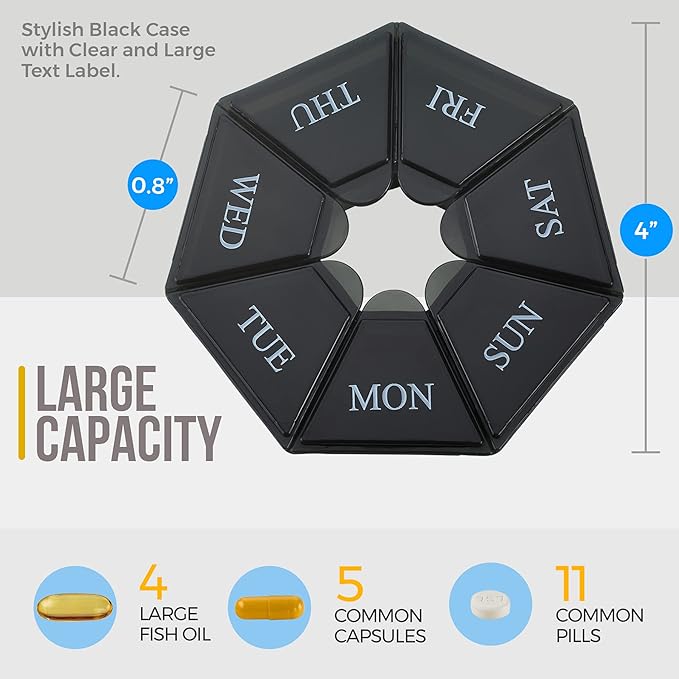 Weekly Pill Organizer - (Pack of 2) 7-Day Pill Container - Arthritis Friendly Portable & Compact Travel Case Daily Compartment Medicine Pills Box for Supplements, Medication, Vitamins and Fish Oils