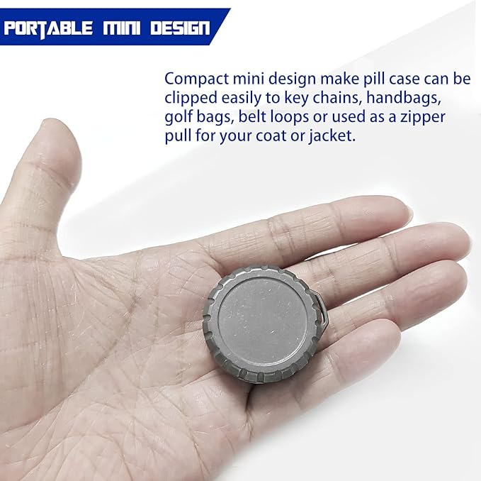 Titanium Waterproof Pill Case Travel Pill Organizer Bottle EDC Capsule Container Portable Pocket Metal Box with Chain for Camping, Hiking, Fishing, Titanium, Stone Washed