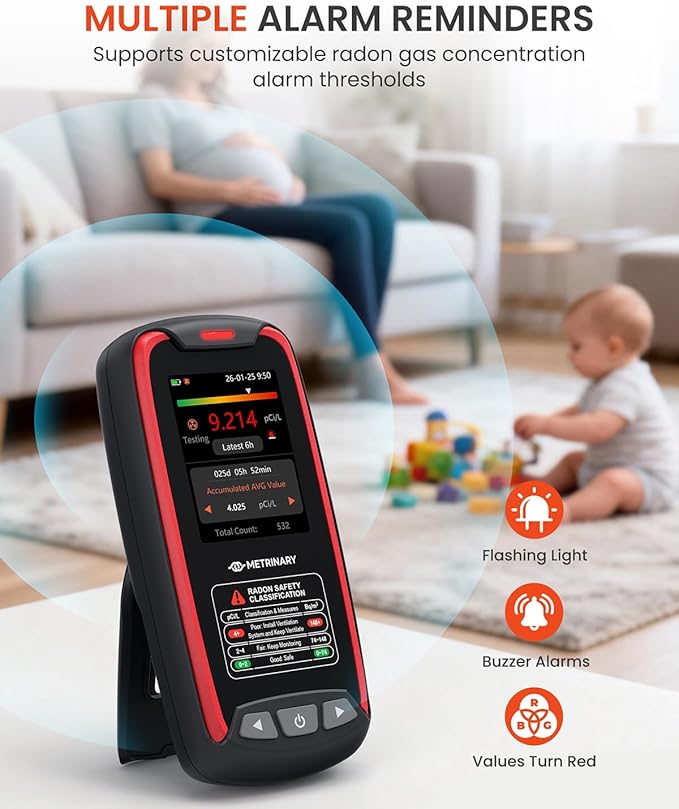 Radon Detector for Home, Portable Radon Monitor with TFT Color Display, Rechargeable Radon Tester Quick Result 6 Hour, 504 Days Data Storage with Audible & Visual Alarm (pCi/L or Bq/m³)