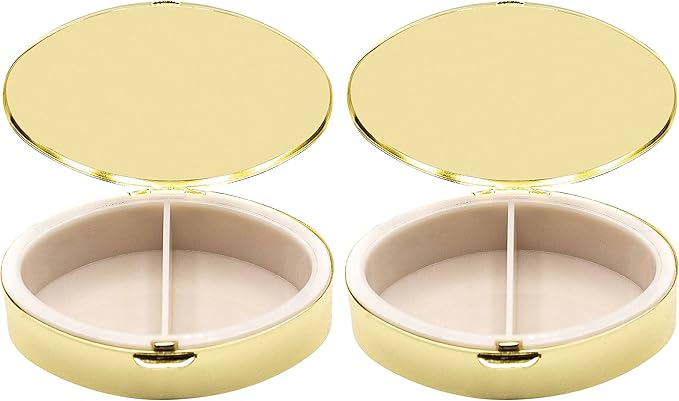 Set of 2 Oval-Shaped Pocket Purse Pill Box & Organizer with Dual Compartments (Gold Drops)