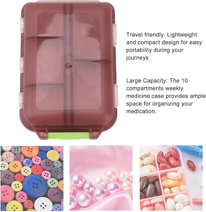 Travel Pill Organizer, Plastic 10 Compartments Pill Case Portable Pill Box Buckle Lock Weekly Portable Pill Holder Container for Purse (Purple)