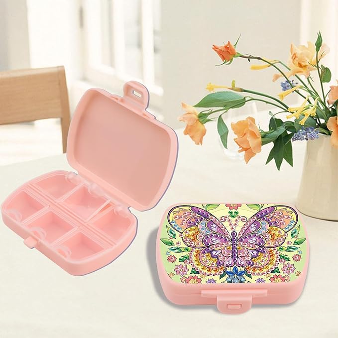 Butterfly DIY Diamond Painting Travel Pill Box, 6 Compartments Daily Vitamin Organizer, Portable Supplements Medicine Pill Case Container for Study Office Travel