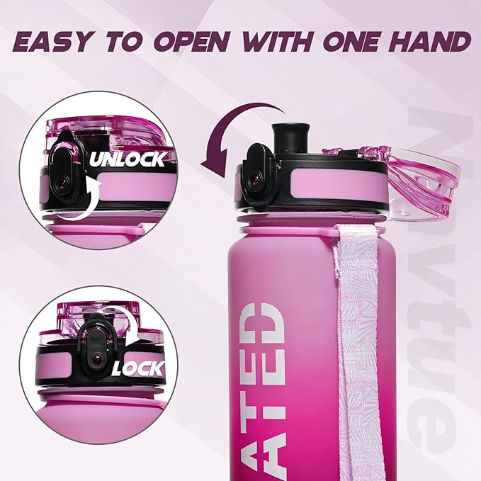 Water Bottle, 32 oz Sports Water Bottles with Time Marker Wide Mouth, Motivational and Leakproof Drink Bottle, BPA Free Tritan with Carry Strap for Gym Fitness Outdoor(1 Bottle)