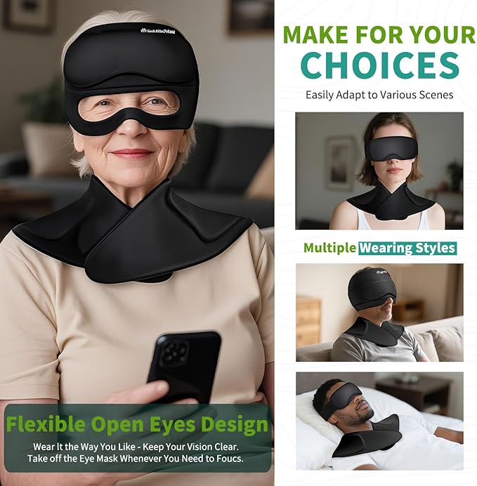 3-in-1 Migraine Relief Cap with Neck Ice Pack Wrap & Detachable Ice Eye Masks, Soothing Headache Relief Cap Ice Cold Pack Mask, Cold Heat Compress Reusable Headache Relief Products for Stress Hangover