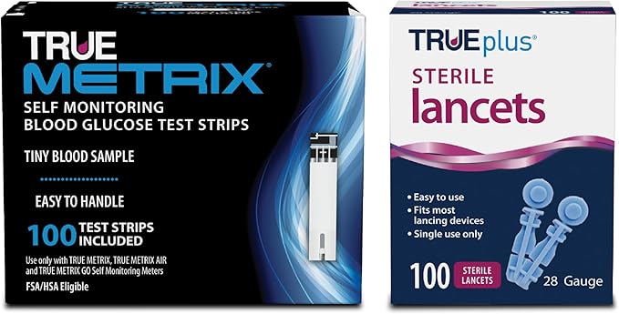 TRUE METRIX Self Monitoring Blood Glucose Test Strips and TRUEplus 30g Lancets Bundle, TRUE METRIX Family of Self Monitoring Blood Glucose Meters, 100 Count Strips, 100 Count Lancets