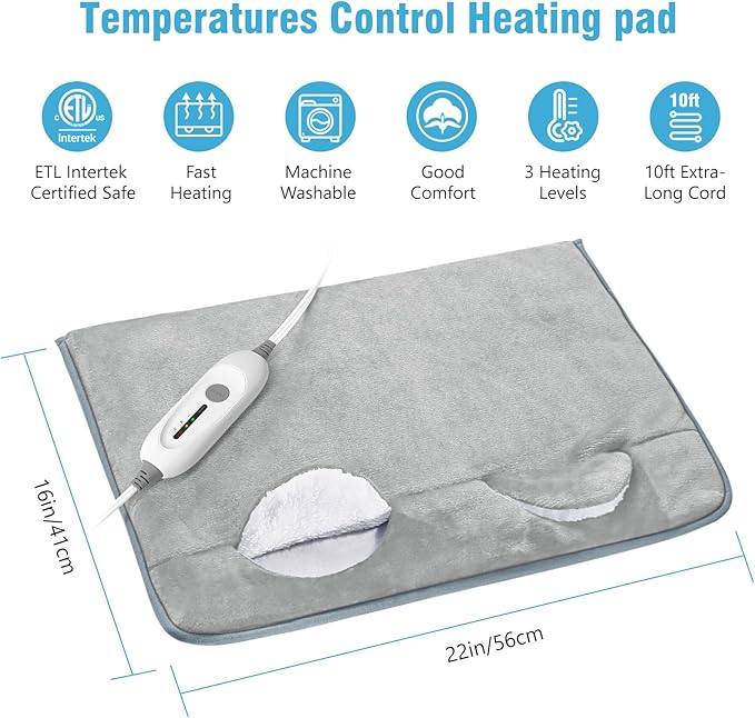Electric Heated Foot Warmer Soft Flannel Foot Heater with 2h Auto Off & 3 Heat Levels Full Body Use Heating Pad for Feet, Abdomen, Cramps, Pain Relief Pocket Design 16" x 22" Grey