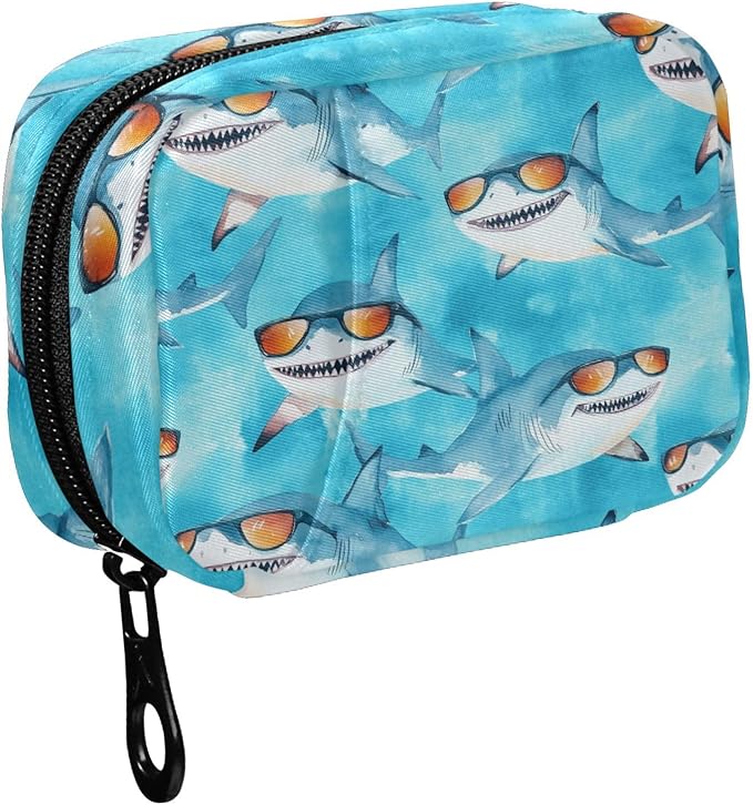 Fustylead Cute Sharks with Orange Glasses Travel Pill Organizer Case Zipper for Purse with Removable Weekly Pill Box for Medicine, Vitamin, Supplement Medicine Organizer