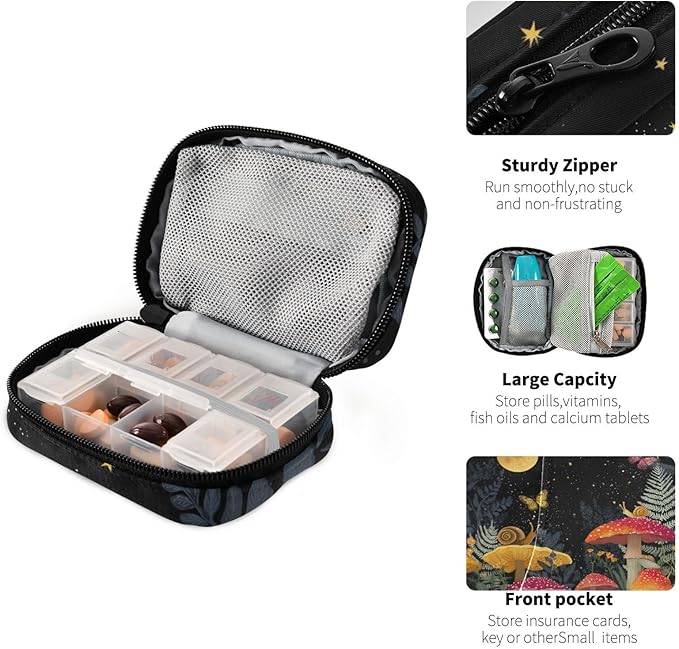 Snail Mushroom Pill Box 7 Day Pill Case Travel Pill Organizer Bag Container for Medicine with Zipper Portable Weekly Case Compact Size for Medicine, Vitamin, Supplement