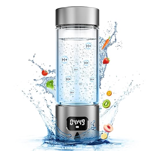 Hydrogen Water Bottle - Portable Rechargeable Water Bottle with LED Timer, Aluminum and Glass, 5000 PPB Hydrogen Production, Gift for Husband Wife Father Friend Client (Grey, 11.6Oz)