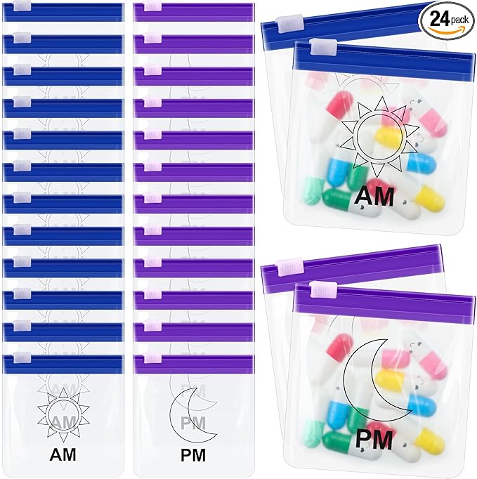 24 Pieces Pill Pouch Bags Zippered Set Reusable Translucent Medicine Organizer Sealing Travel Plastic Bags with Slide Lock for Storage(Purple, Blue)