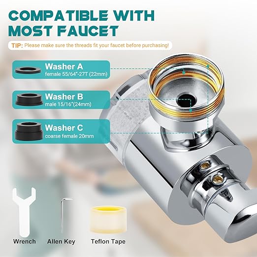 AIDUCHO 1080° Rotating Faucet Extender & Water Filter, 2-Spray Mode Aerator with Robotic Arm, Universal 3-Size Fit, Removes Chlorine & Impurities for Skin Care & Kitchen